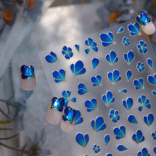 蓝色丝绒花卉美甲贴纸新款 浮雕3d立体5d金属渐变指甲贴纸轻奢饰品