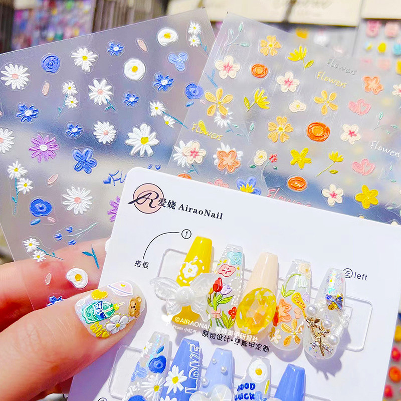 蓝色野花蜡笔花朵美甲贴纸tomoni