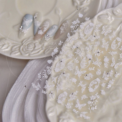 白色玫瑰蝴蝶美甲贴tomoni装饰