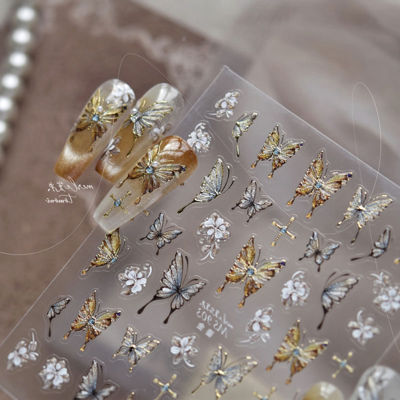 果冻鎏金蝴蝶美甲贴纸浮雕新款3d 立体5d网红ins日系指甲贴纸饰品