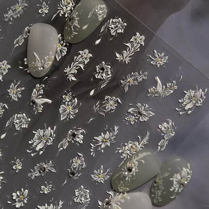 晶钻繁花美甲贴纸浮雕5d新款立体背胶复古国风花朵指甲贴纸装饰品