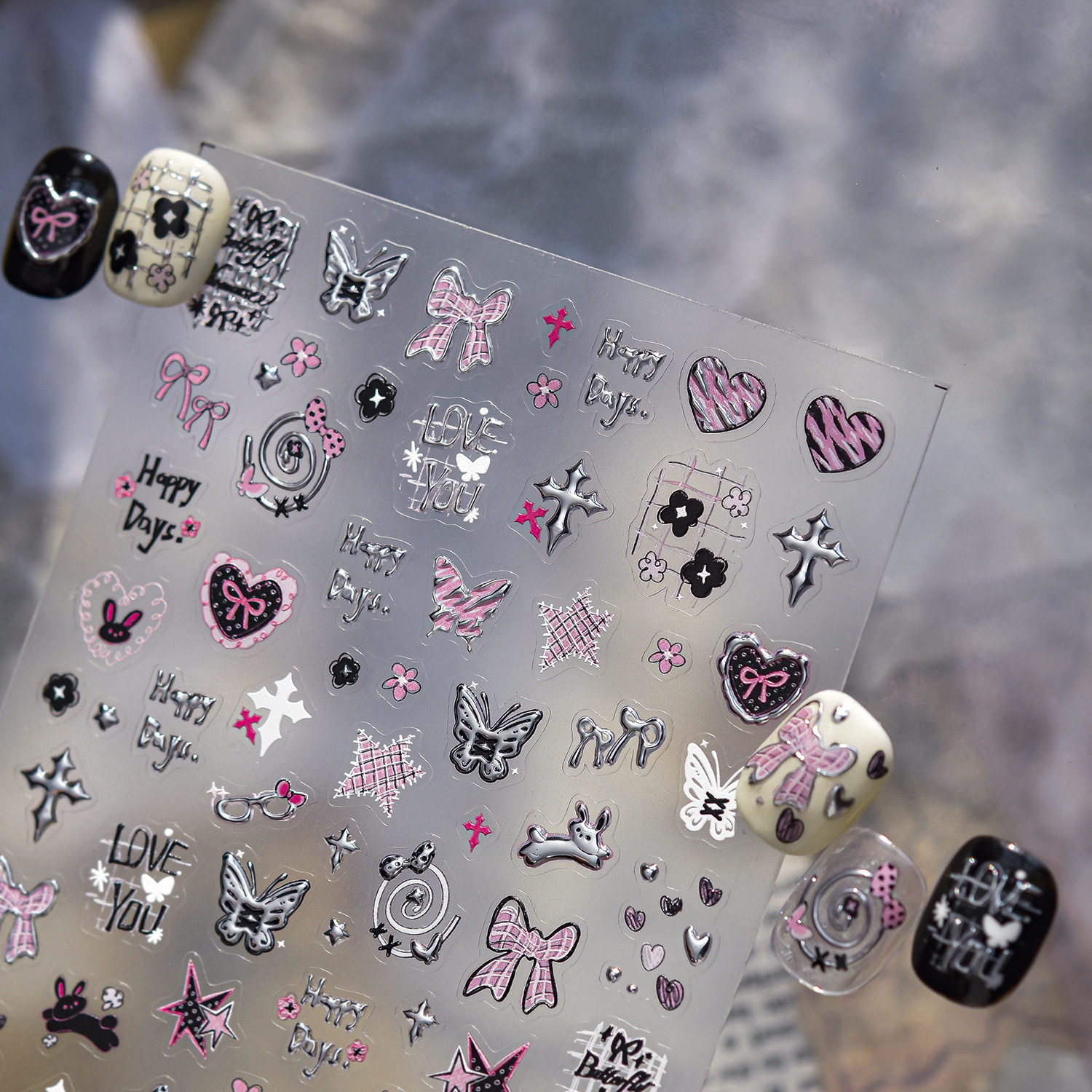 烫金黑粉涂鸦美甲贴纸2026新款浮雕3d爱心星星蝴蝶结指甲贴纸饰品