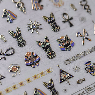 烫金古埃及猫咪美甲贴纸tomoni浮雕5d法老黑猫指甲贴纸萌宠装饰品