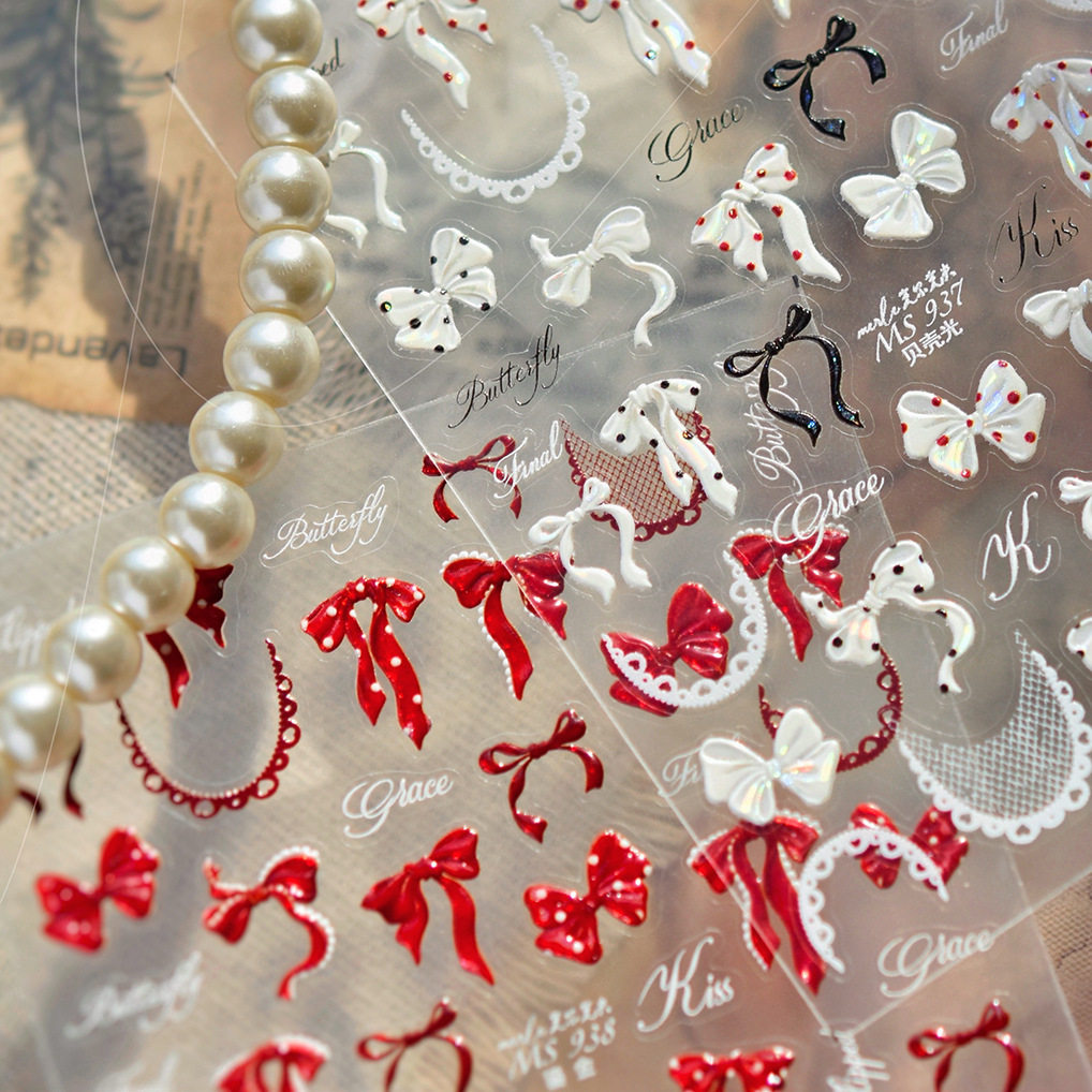 波点蝴蝶结美甲贴纸2026新款浮雕3d立体5d可爱飘带指甲贴纸装饰品