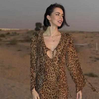 Sleeve Slit Front Ruffle Skirt Long Print Leopard Sexy