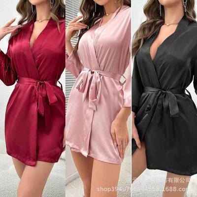 home lace-up sexy robe nightgown silk bathrobe morning