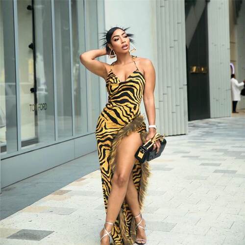 hip sexy edge lace-up print slim raw leopard dress Womens