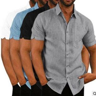 Lapel Solid Color Short Sleeve Button Mens Linen Shirt