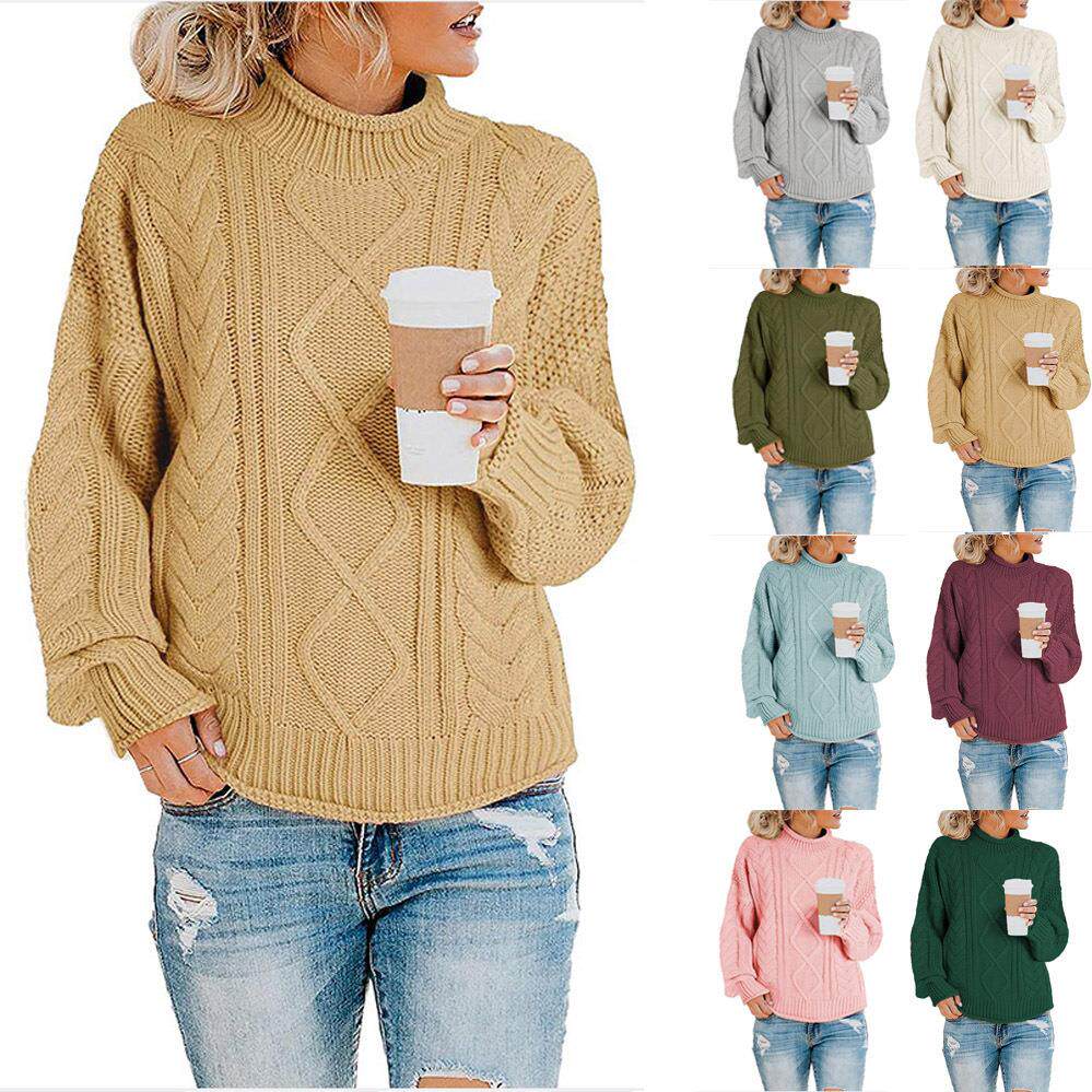 turtleneck oversized sweater women long chunky cable