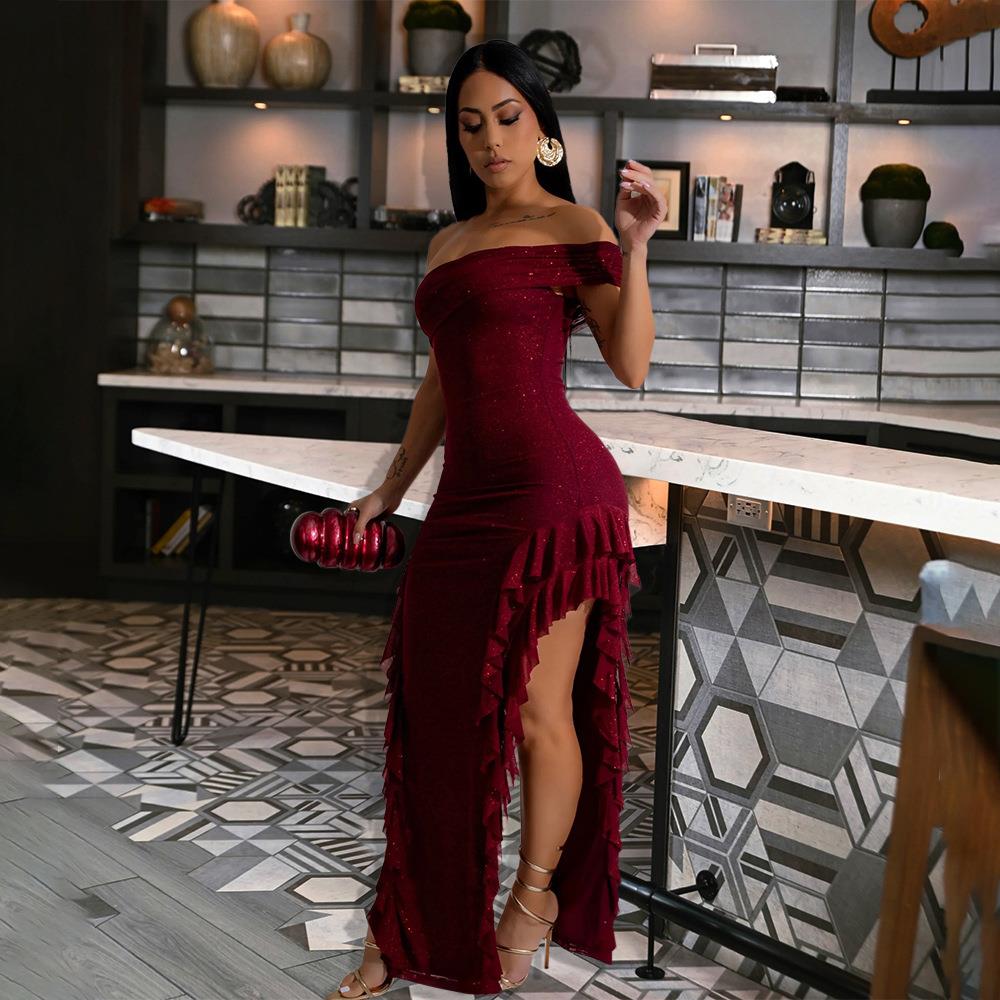 female dress long shoulder one sexy dress slit fit slim
