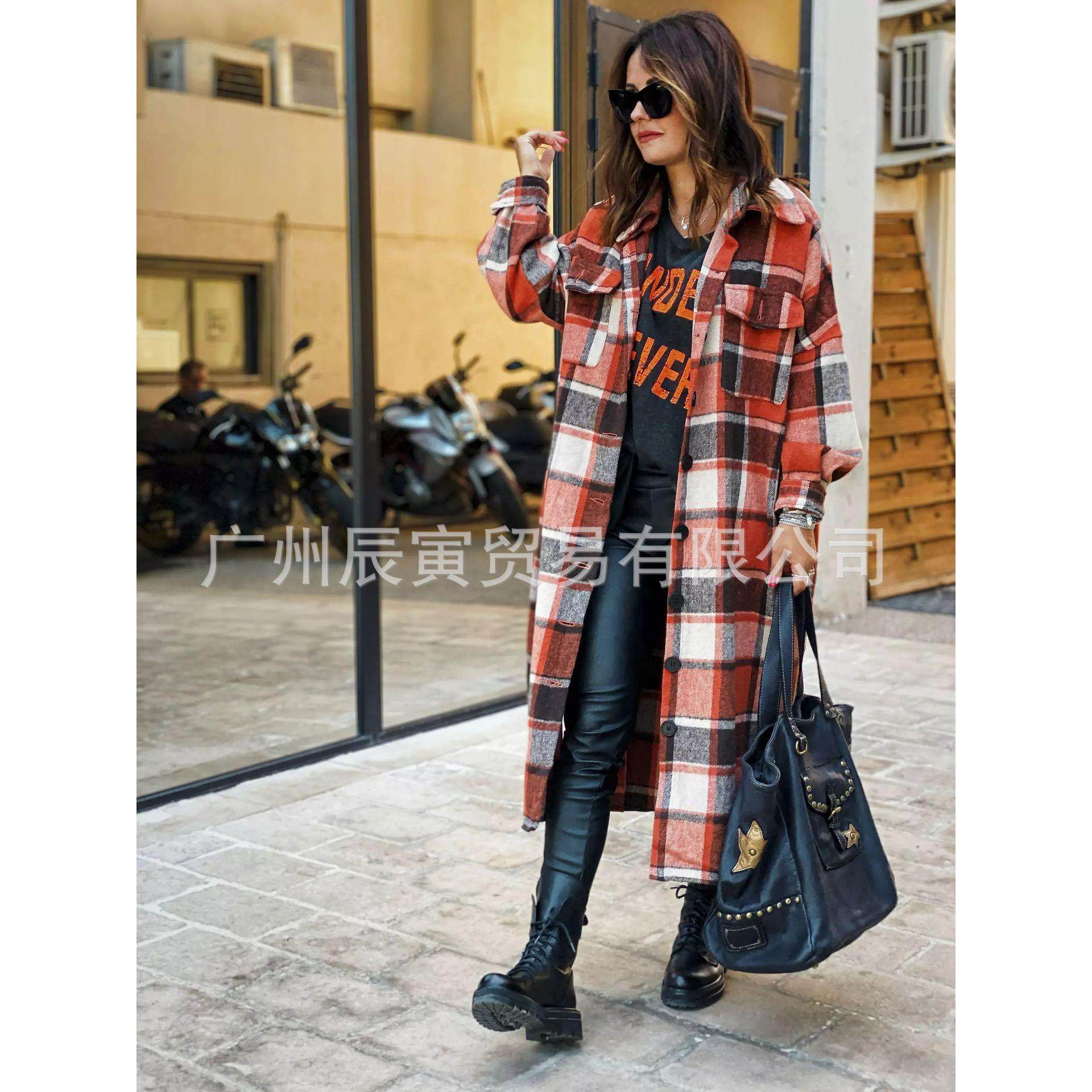 Long plaid trench and coat slim side woolen slits lapel