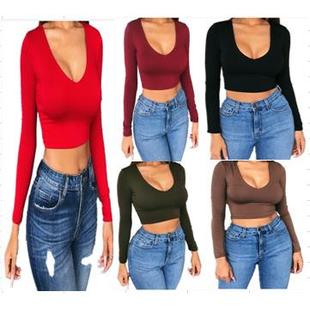 T-shirt top cropped long-sleeved slim-fit sexy navel-baring