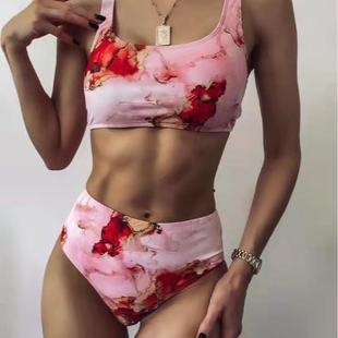 Two Piece Sexy Smudge Womens Neck Pattern Waist Marble High