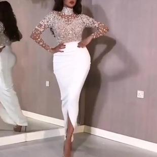 bodycon long glitter women dress contrast rhinestone mesh