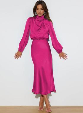 Halter Neck Dress Womens Satin Drape Evening Dress Elegant