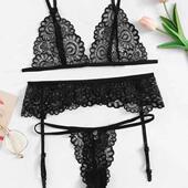 through panties hollow garter see piece bra three Lace