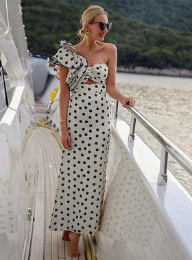 One-shoulder ruffled polka dot swimsuit for women on the