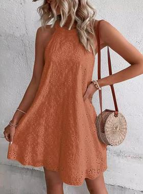 Ladies Lace Solid Color Sleeveless Button Halter Neck Dress