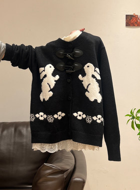 黑色针织长袖开衫毛衣女秋冬一整套加厚外套内搭打底衫上衣两件套