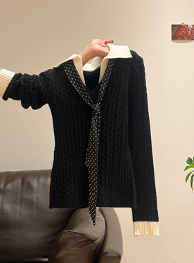 黑色假两件翻领针织长袖毛衣女2025秋冬内搭打底衫修身学院风上衣
