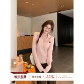bloom粉色翻领针织衫 女秋季 韩版 morning 麻花毛衣内搭打底衫 上衣