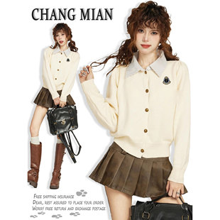 假两件学院风polo领短款毛衣外套女春季春秋内搭针织开 衫上衣早