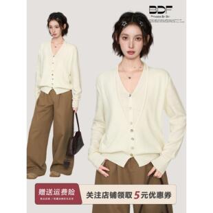 白色假两件v领长袖针织开衫女秋冬秋季修身内搭打底毛衣外套上衣