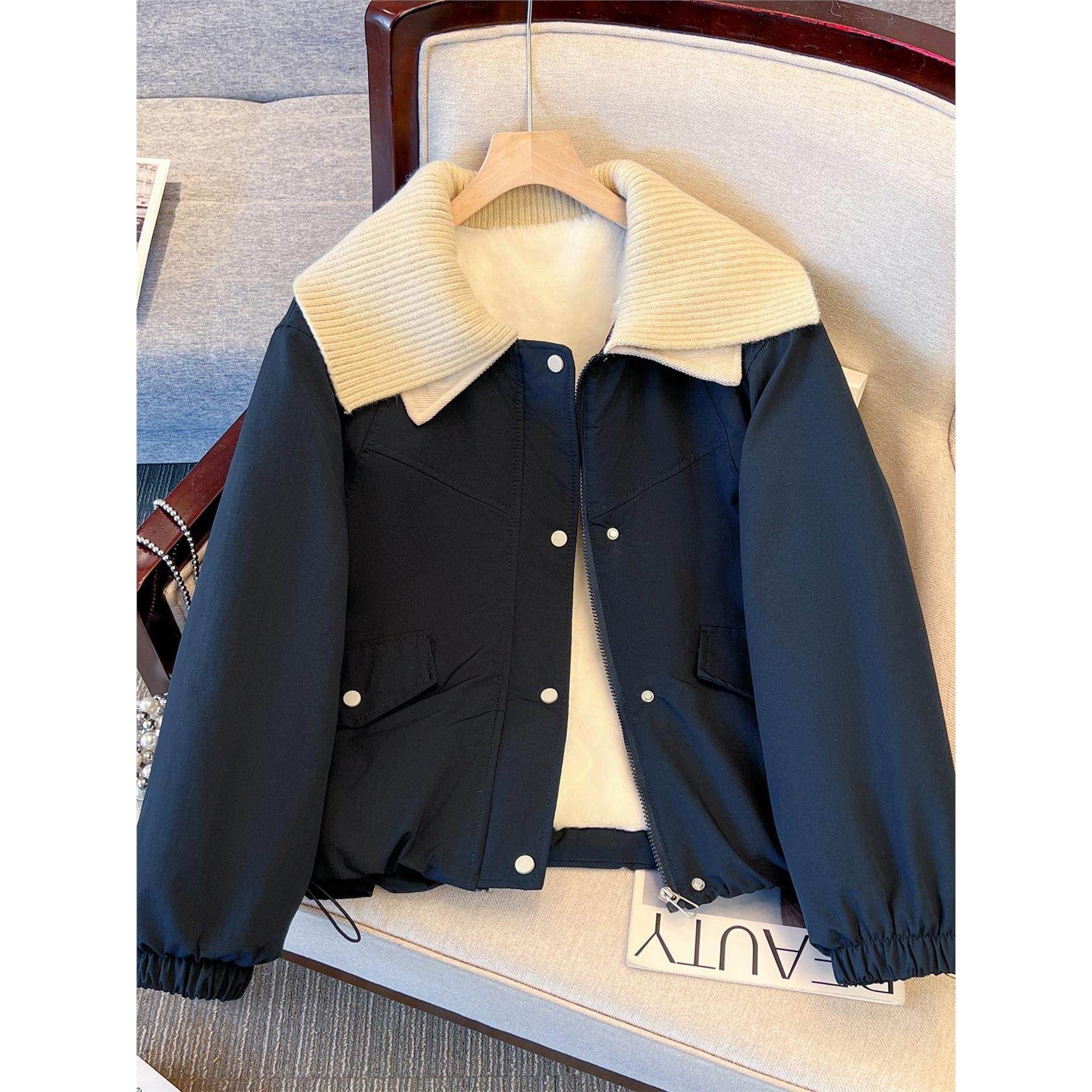 撞色翻领夹克外套女秋冬加绒加厚2025新款宽松棉衣小个子保暖棉服,个性定制/设计服务/DIY,棉服工装,淘宝优惠券,粉丝福利购,淘宝优惠卷