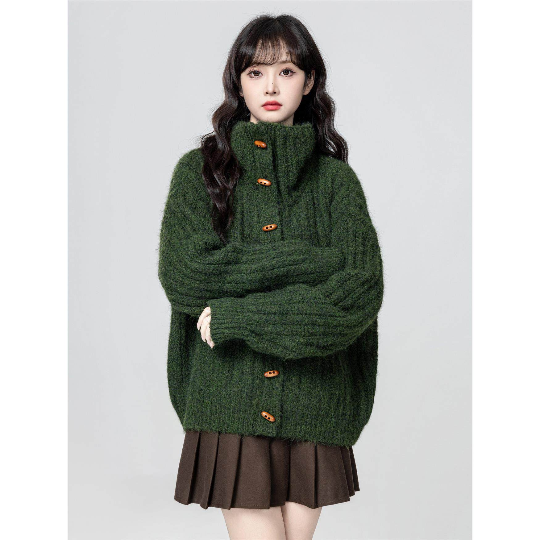 绿色高领毛衣外套女款秋冬2025冬季新款保暖加厚立领针织开衫上衣,个性定制/设计服务/DIY,棉服工装,淘宝优惠券,粉丝福利购,淘宝优惠卷