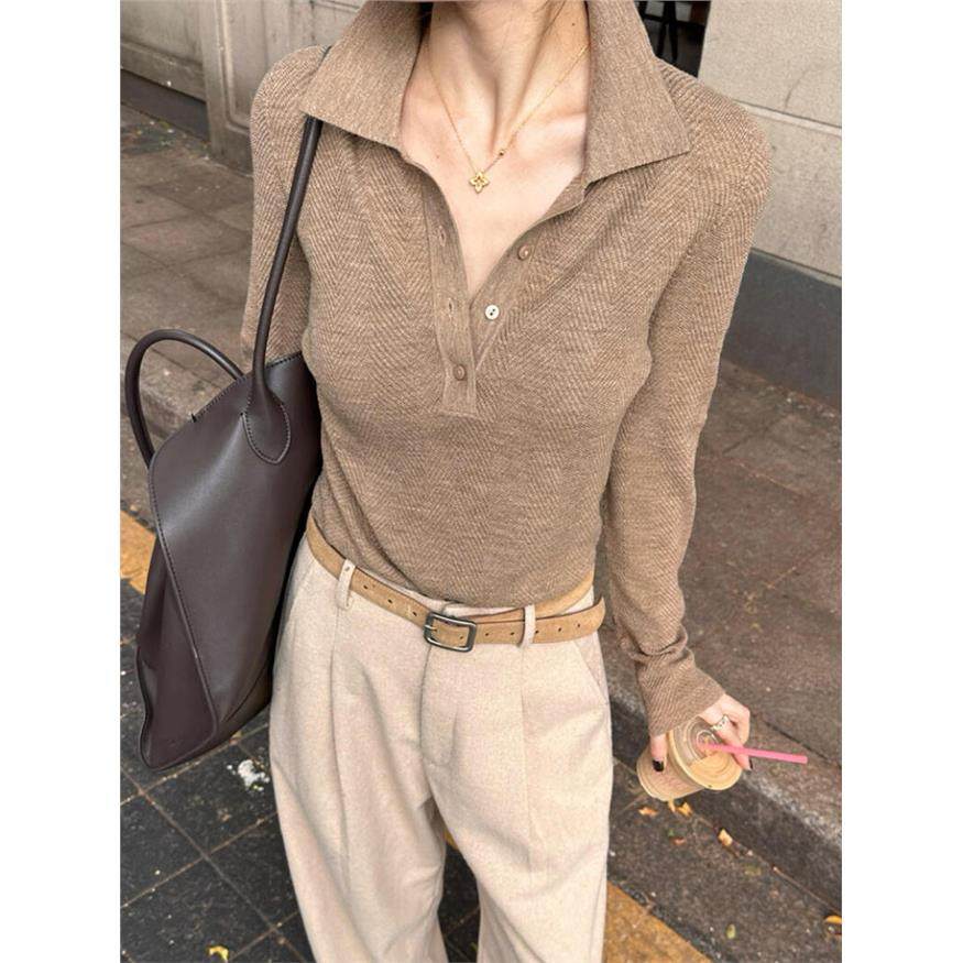 咖色短款老钱风polo领翻领针织衫女秋冬气质高级感内搭打底衫上衣,个性定制/设计服务/DIY,棉服工装,淘宝优惠券,粉丝福利购,淘宝优惠卷