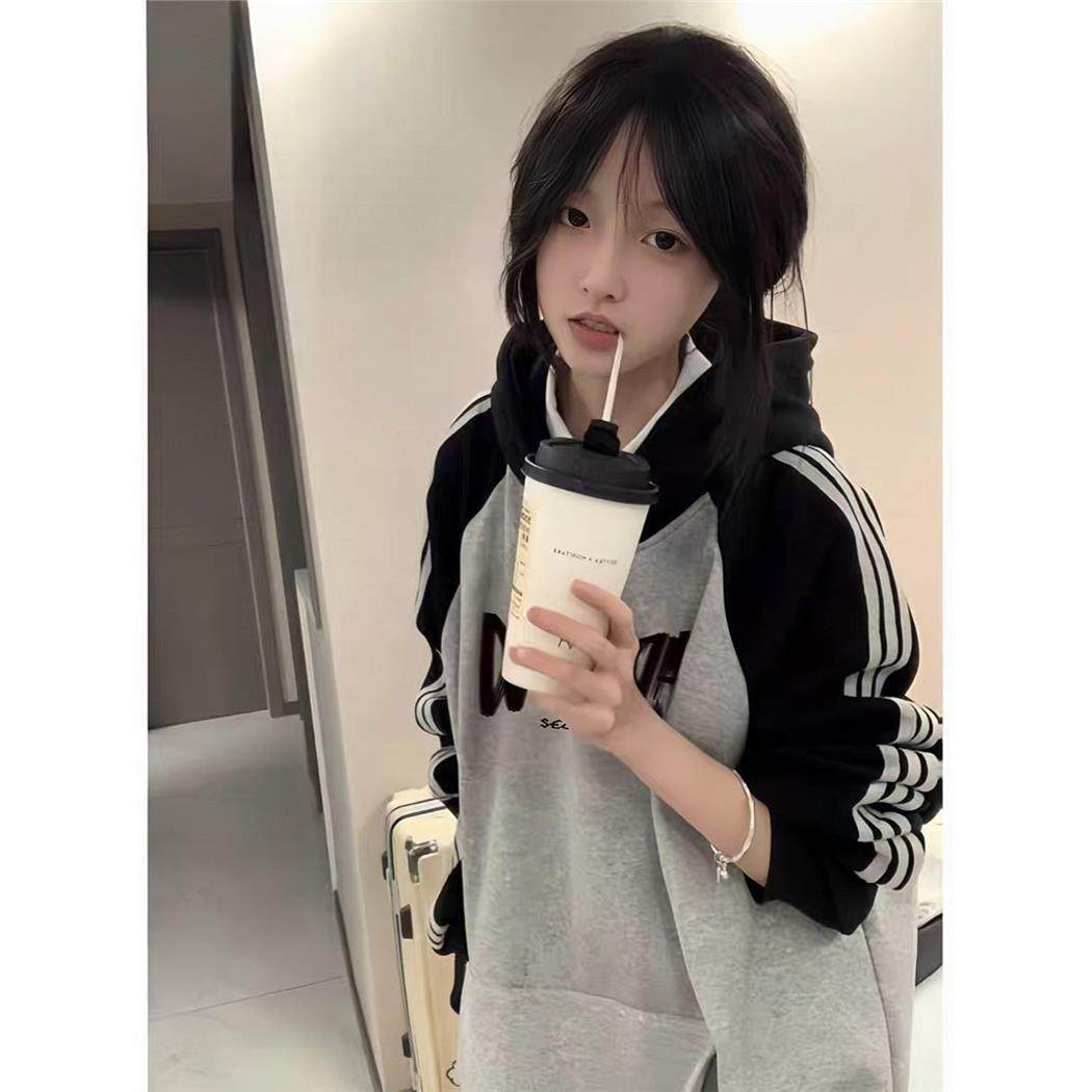 美式覆古三条杠撞色连帽卫衣女秋冬新款初中高中学生加厚上衣外套