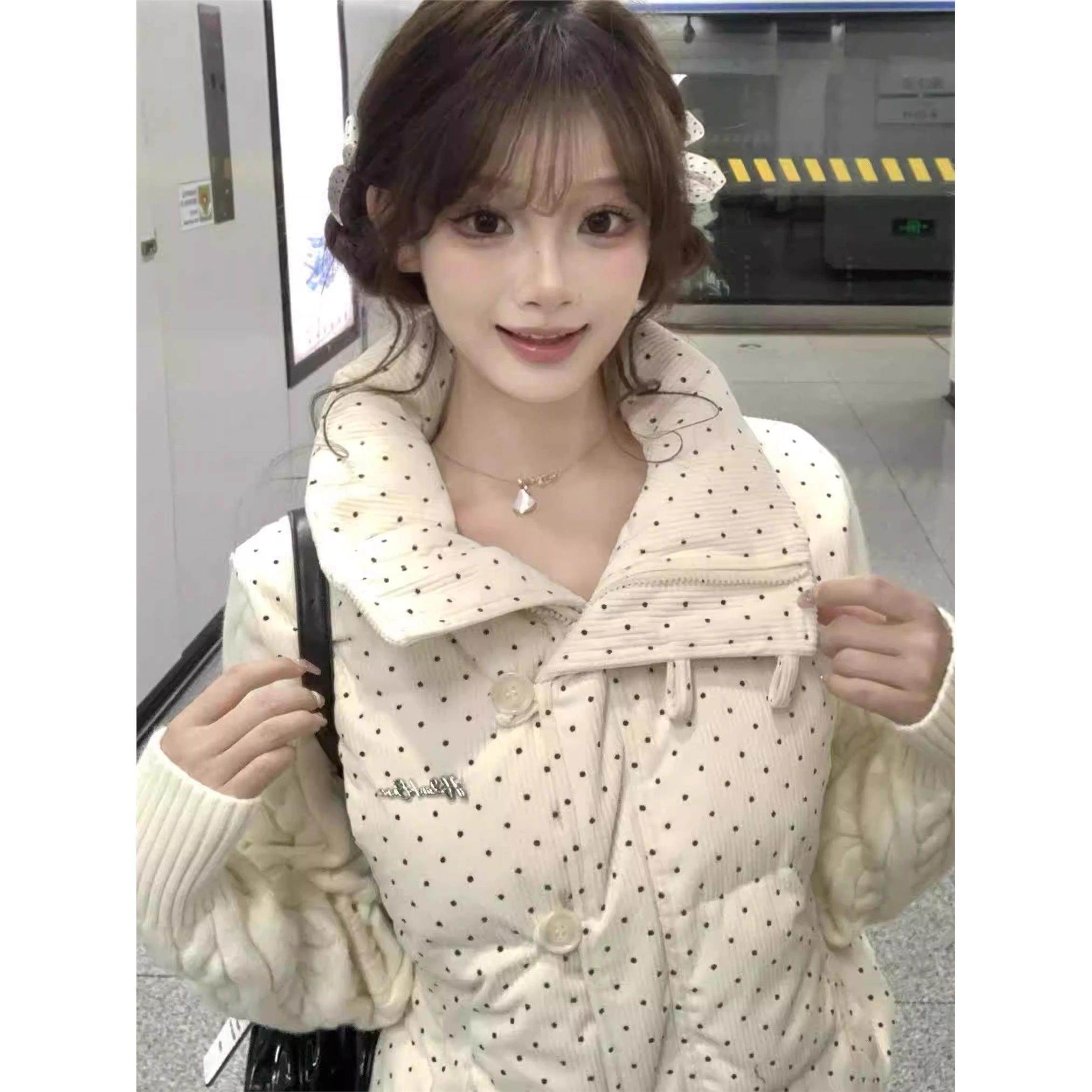 韩系白色波点针织拼接立领棉服女秋冬学院风加厚小个子面包服外套,个性定制/设计服务/DIY,棉服工装,淘宝优惠券,粉丝福利购,淘宝优惠卷