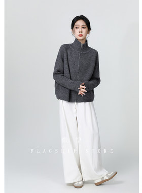 灰色高领加厚毛衣女秋冬2025新款复古宽松双拉链针织开衫外套上衣