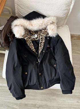 Nuneon美式覆古毛领豹纹座山雕棉衣棉服女情侣冬季加厚棉袄外套潮