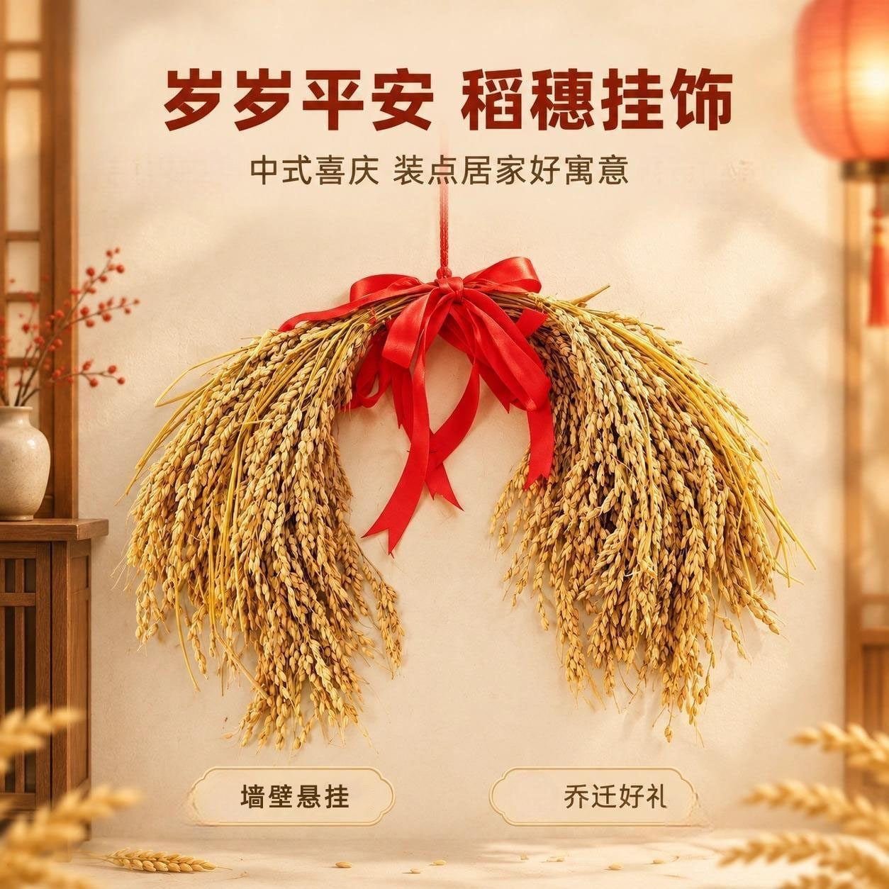 稻穗捆红绳墙壁悬挂乔迁装饰干花