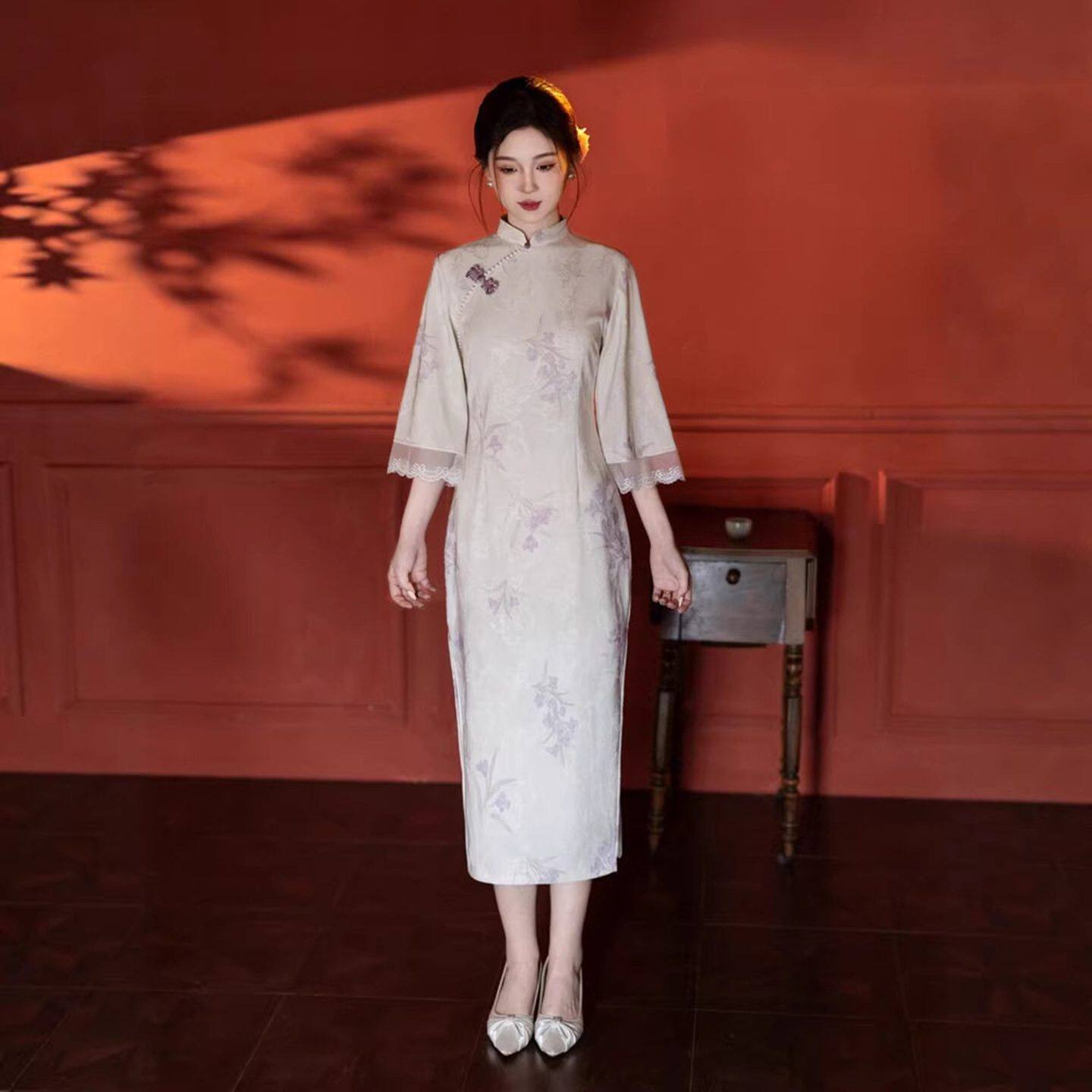 紫花2026超火国风旗袍春季新款优雅新中式倒大袖改良年轻上班可穿