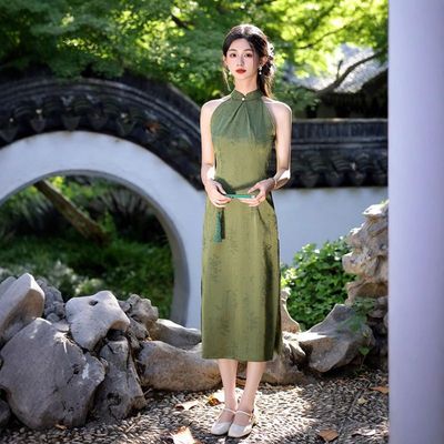 贝之韵夏季优雅复古绿色订婚旗袍