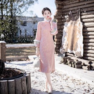 粉色绝美新中式旗袍冬装2026年新款高端大气上档次年轻款加绒加厚