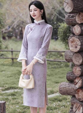麂皮绒紫色倒大袖绝美新中式旗袍冬装2025冬季新款改良淑女范长裙