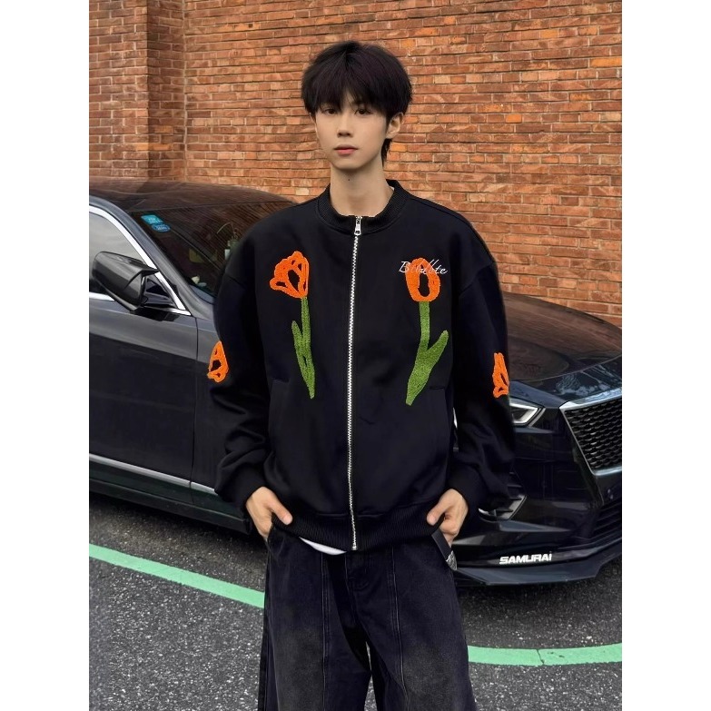 网图美式植绒刺绣棒球服夹克外套男郁金香花卉上衣男 B1021-特P66，男装夹克，星座1007（原301D）