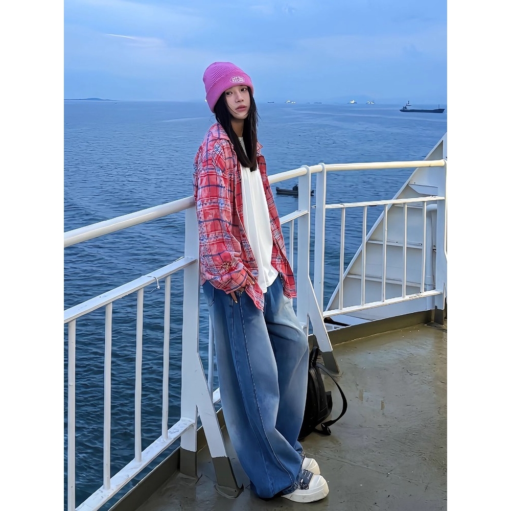 网图红色刺绣格子衬衫女秋季宽松格子衬衫男CS1106-特P48，男装衬衫，星座1007（原301D）