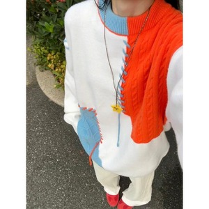 绿色拼接毛衣男秋冬圆领套头针织衫美式复古毛线衣YY102-特P45图片