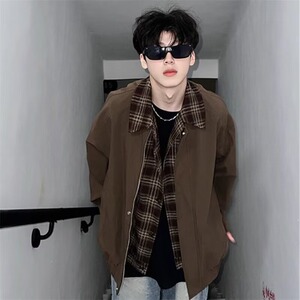 网图假两件飞行夹克男美拉德棒球服休闲棕色外套特T1008-特P60图片