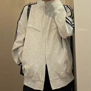 网图 秋复古美式杠条双拉链宽松立领百搭卫衣外套 ZR1001-特P55，女装短外套，星座1007（原301D）