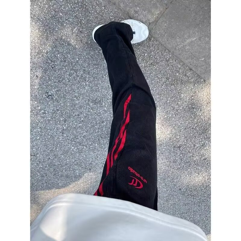 美式复古红色三条杠拼接工装裤潮直筒长裤子9144YY-特42，男装工装外套，星座1007（原301D）