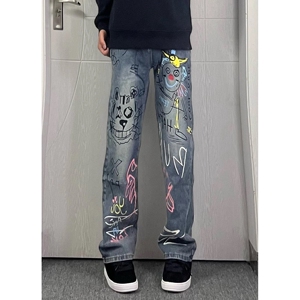 美式高街涂鸦牛仔裤男款微喇休闲裤子B185Y-特45图片