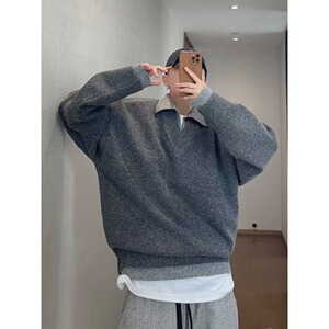 网图美式复古假两件v领毛衣男款翻领老钱风针织衫上衣M017-特p60图片