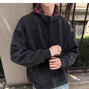 网图格子拼接连帽卫衣男女款复古假两件外套MY808-特P65图片