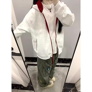 网图秋季宽松撞色拉链开衫卫衣情侣休闲连帽外套HT8802-特P40图片