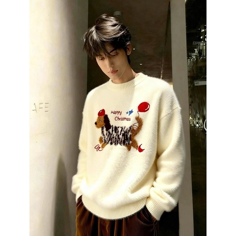 网图杏色腊肠狗刺绣仿马海毛毛衣男秋冬季打底针织衫YM448-特P50，男装T恤，星座1007（原301D）